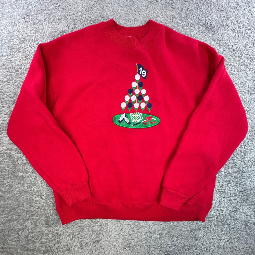 VTG Peanut Butter & Jelly Golf Embroidered Tree Sweatshirt Red L USA Made *FLAW*